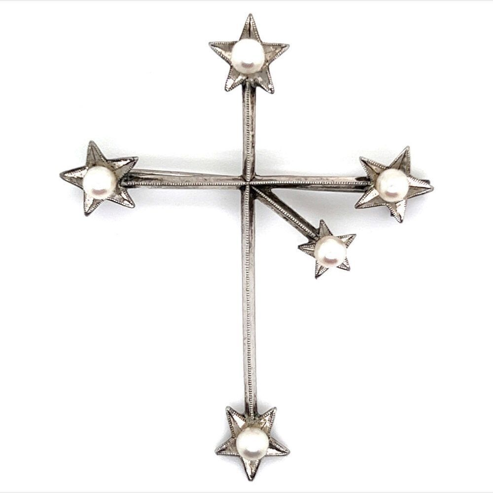 Mikimoto Estate Akoya Pearl Cross Brooch Sterling Silver 4 Mm M379